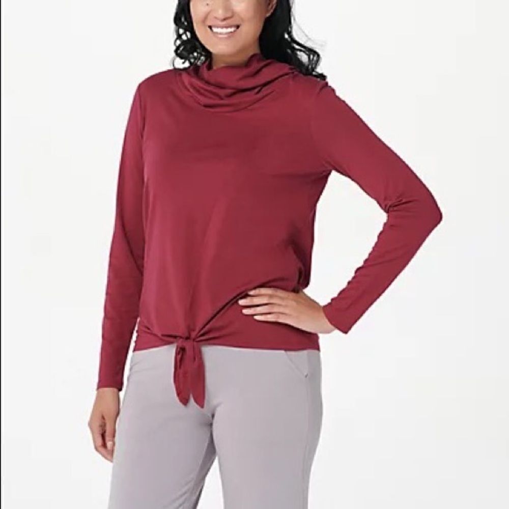 AnyBody Cozy Knit Jersey Cowl Neck Tie Front Top
